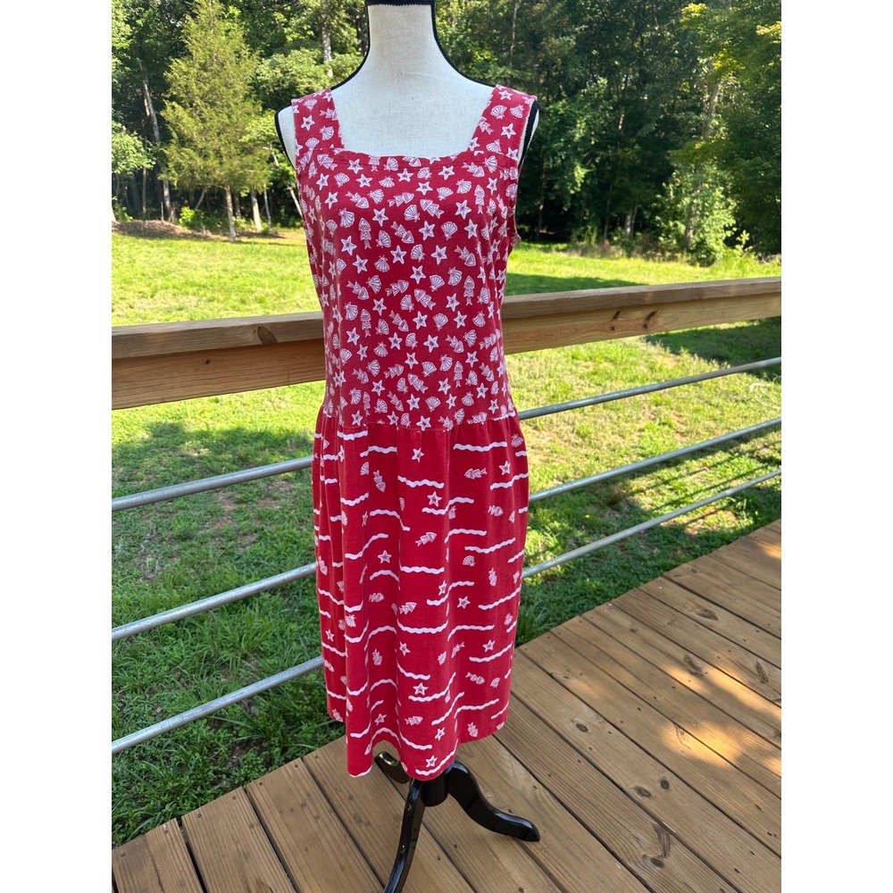 Shadowline Red Nautical Seashell Print Drop Waist Midi Dress Medium Vintage USA